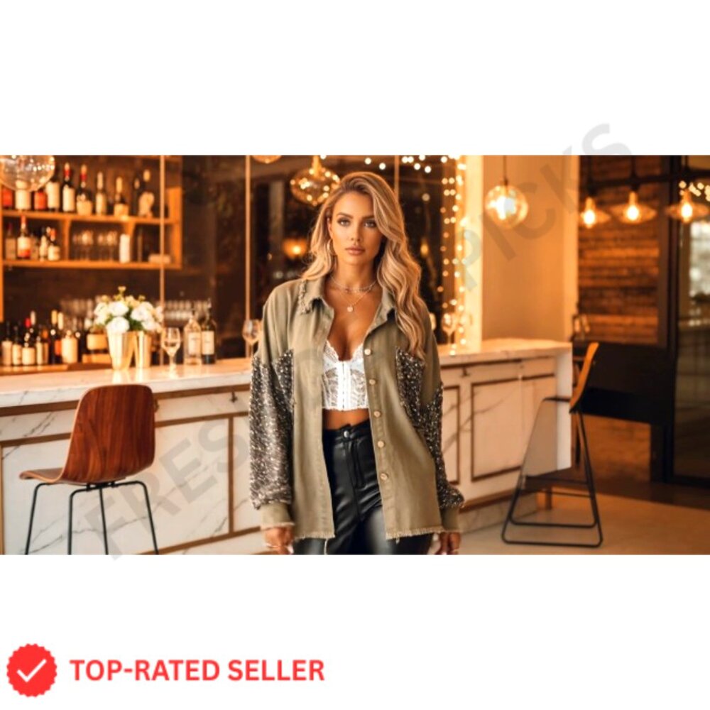 Oversized Denim Shacket Sequin Patchwork Long Sle… - image 7